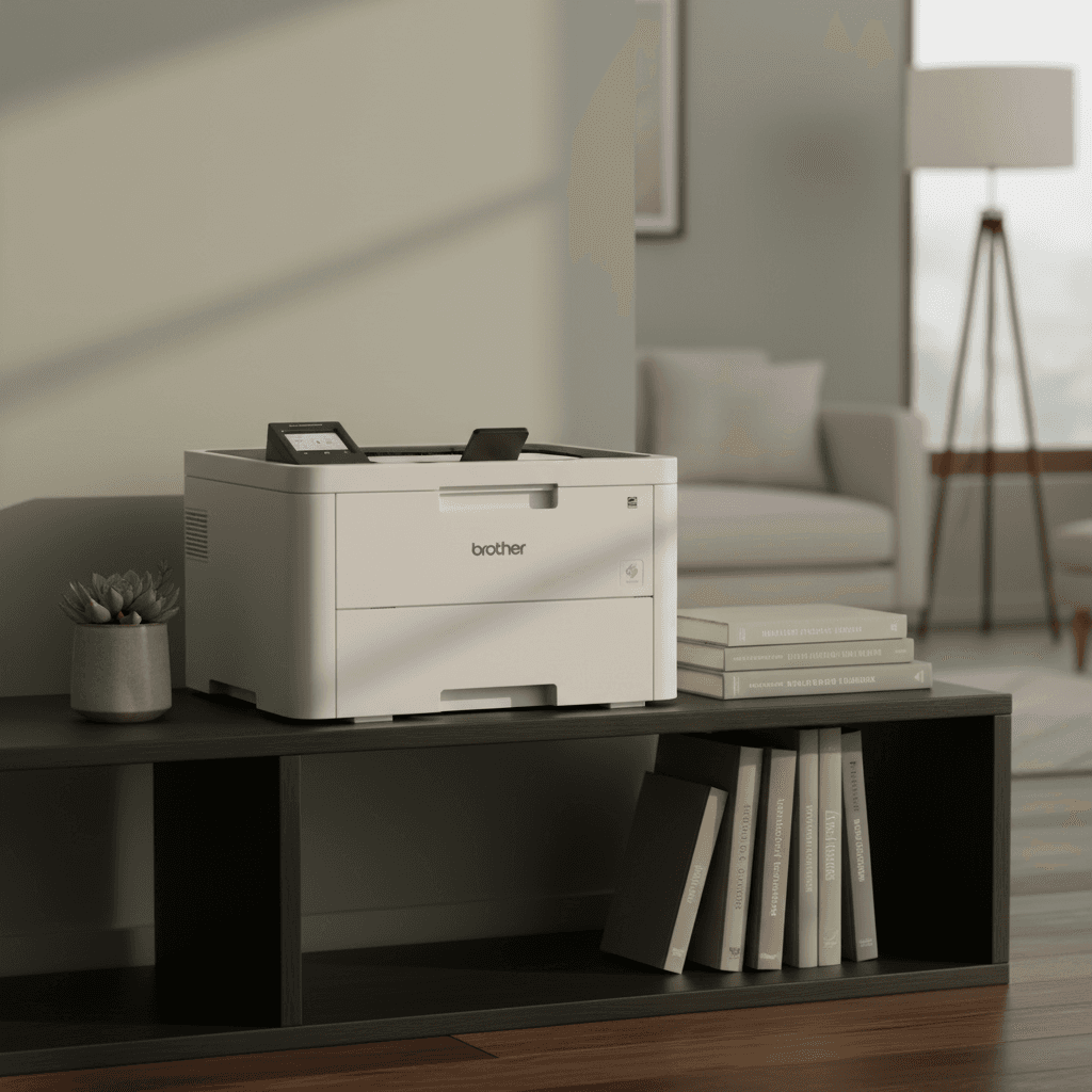 Modern laser printer on home office desk