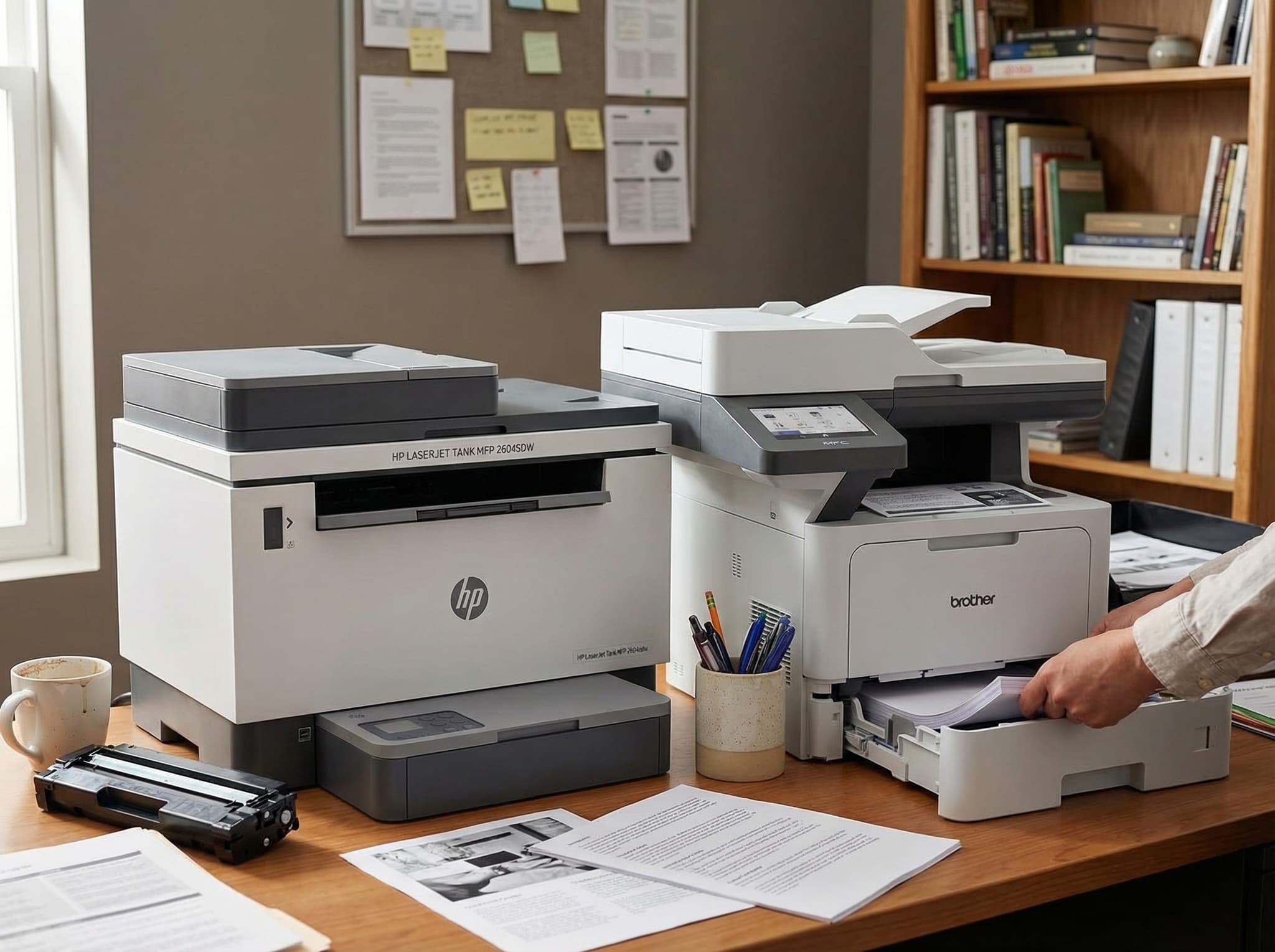 A heavy-duty monochrome laser printer in a busy office