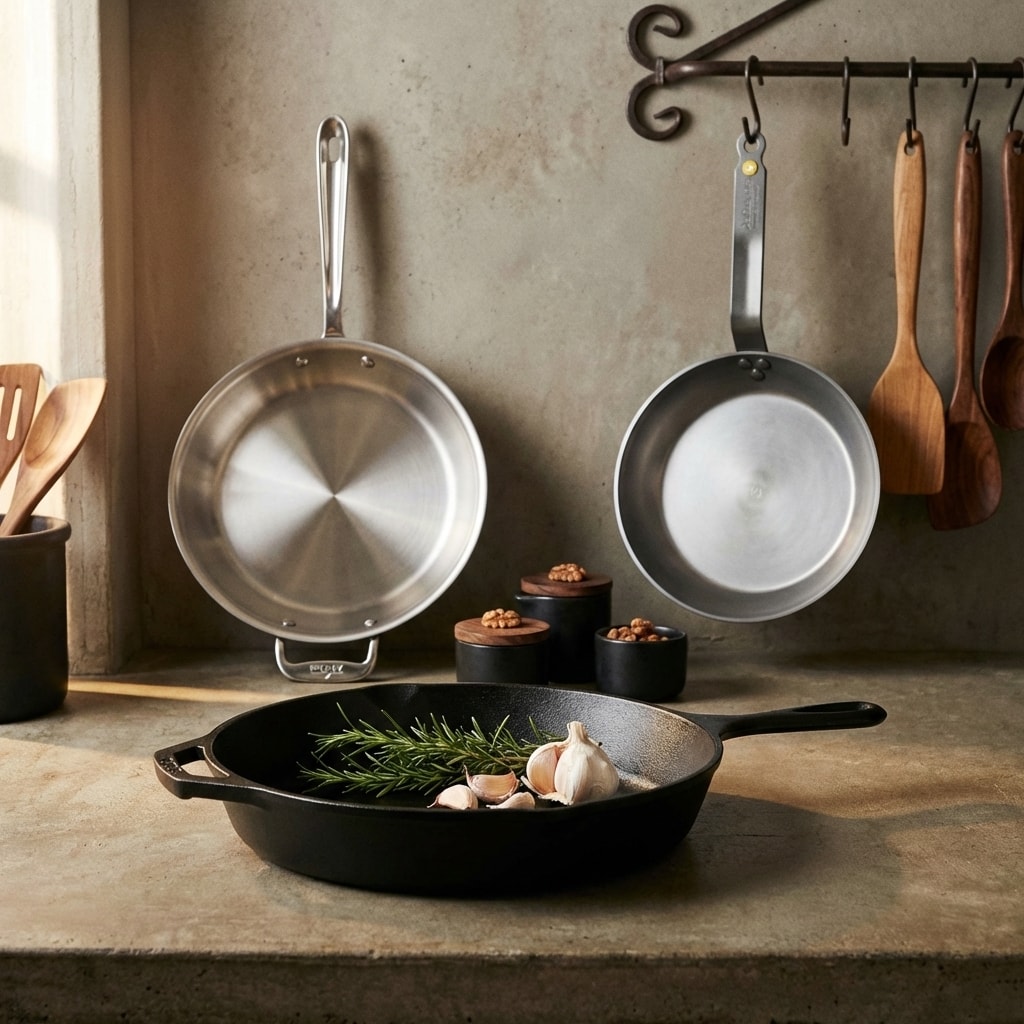 A well-seasoned carbon steel pan next to a scratched non-stick pan in a kitchen