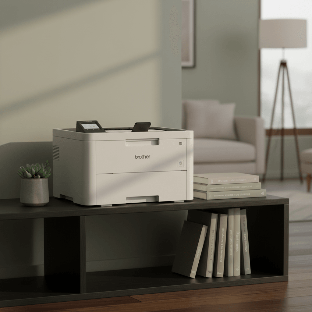 Modern laser printer on home office desk
