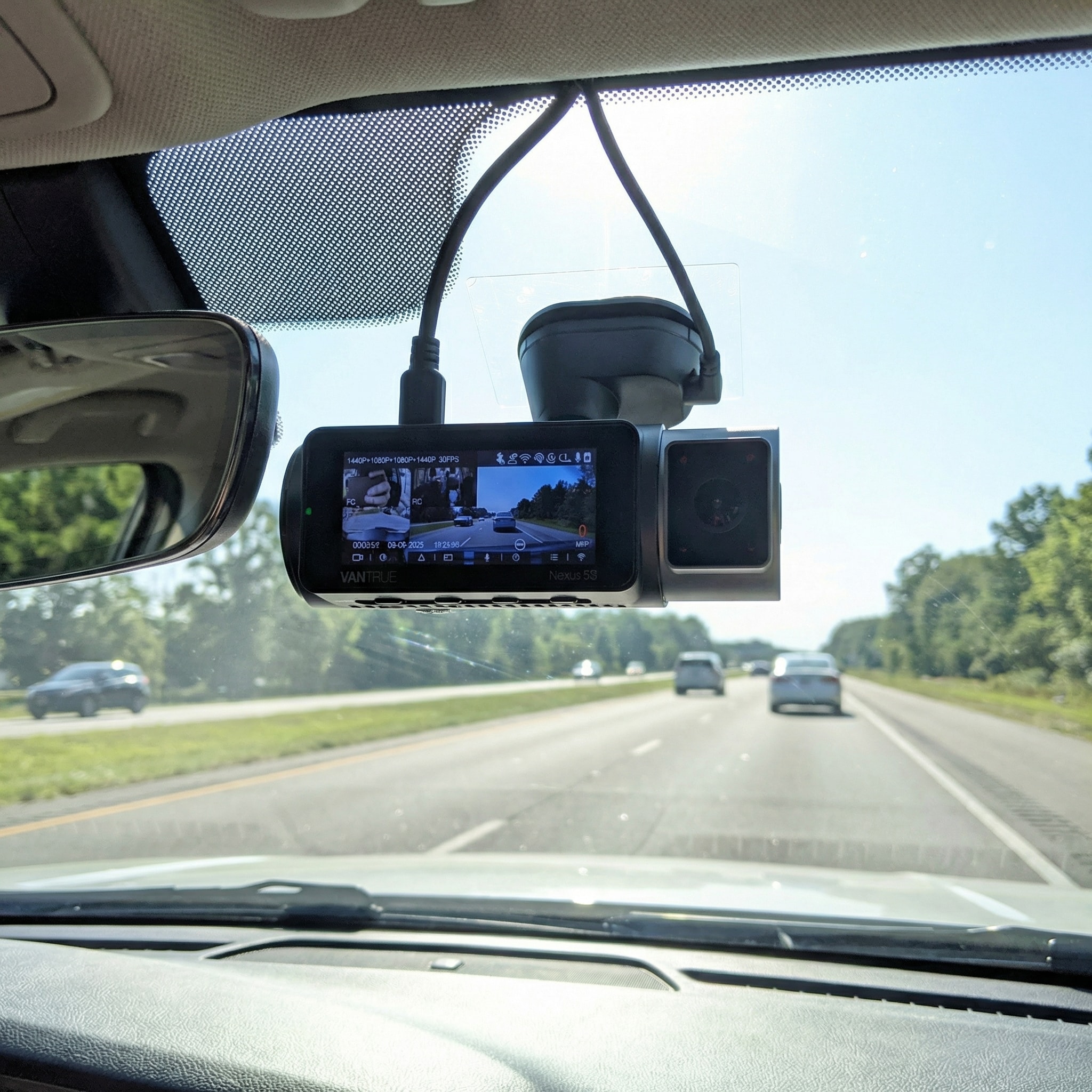Vantrue N5S four-channel dash cam installed in a rideshare vehicle, all four camera angles shown